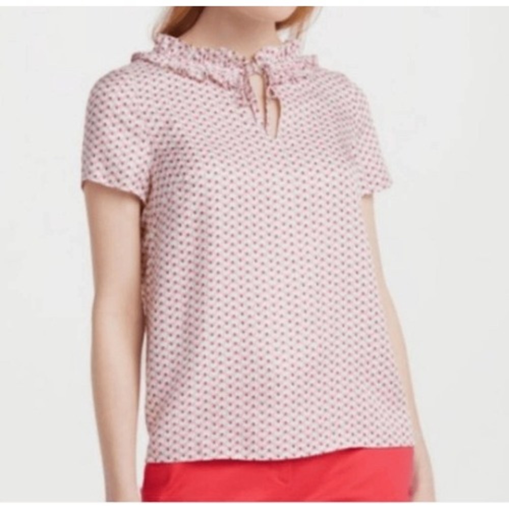 Boden Blouse Womens 8 Pink Ruffle Neck Silk Blend Short Sleeve Geometric Floral